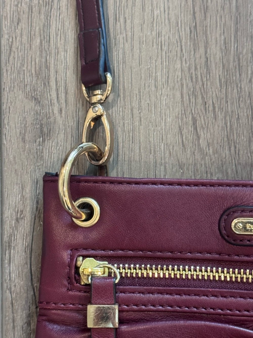 Etienne Aigner Burgundy Ruched Leather Crossbody with Gold Hardware - Picture 3 of 12